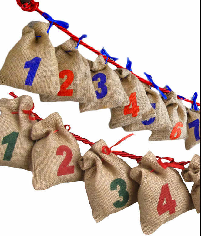 Adventskalender, Jutesäcke, Weihnachten. 