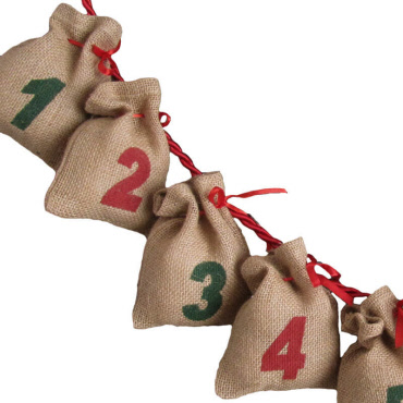 Nachhaltiger Adventskalender: 24 bedruckte Jutesäckchen (13x11 cm) zum Befüllen | Naturjute lebensmittelecht