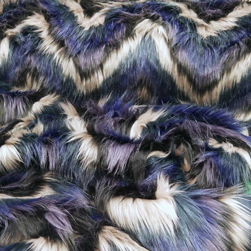 Langhaarfell mit Zickzack Muster grau/petrol/blau/lila/schwarz 70 mm Flor