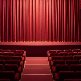 Kinosaal Vorhang und Stühle